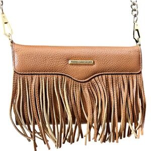 Rebecca Minkoff Tan Leather Fringe Crossbody Wallet Chain Shoulder Bag‎